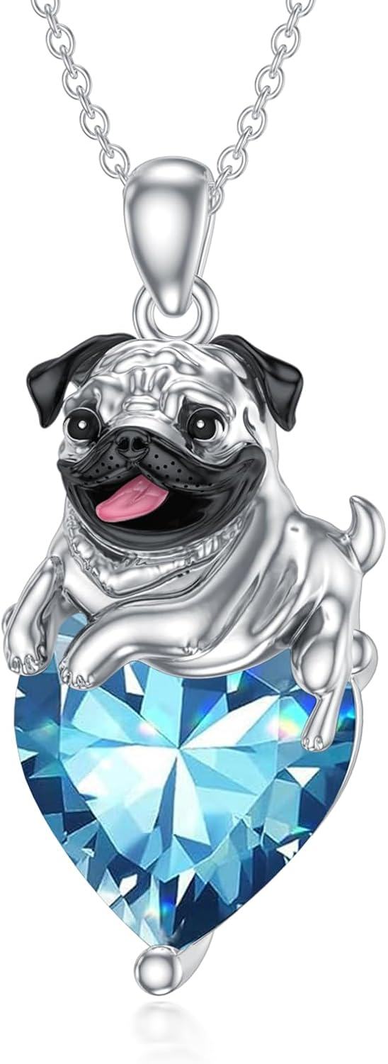 Sterling Silver Birthstone Pug Necklace for Women Dog Lovers-12-Dec-Topaz