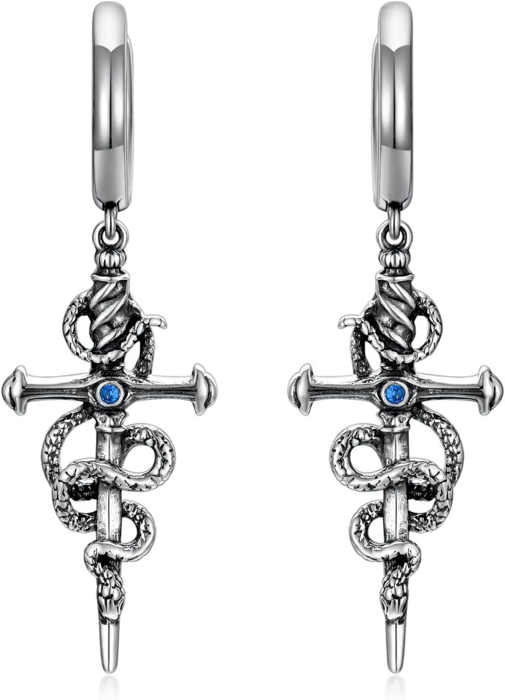 Sterling Silver Skull Stud Earrings with Lotus Hummingbird Squirrel Cow Gift for Women Men-Snake Sword