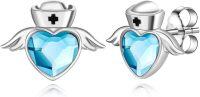 wholesale 925 Sterling Silver Angel Stud Earrings with Birthstone for Nurse Women RN Medical Student Doctor Jewelry Gift-Silver-03-Mar