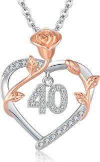 wholesale 925 Sterling Silver Heart-Shaped Rose Flower Pendant Necklace with Cubic Zirconia - Gift Idea for Women's 40th Anniversary or Special Occasion-40th