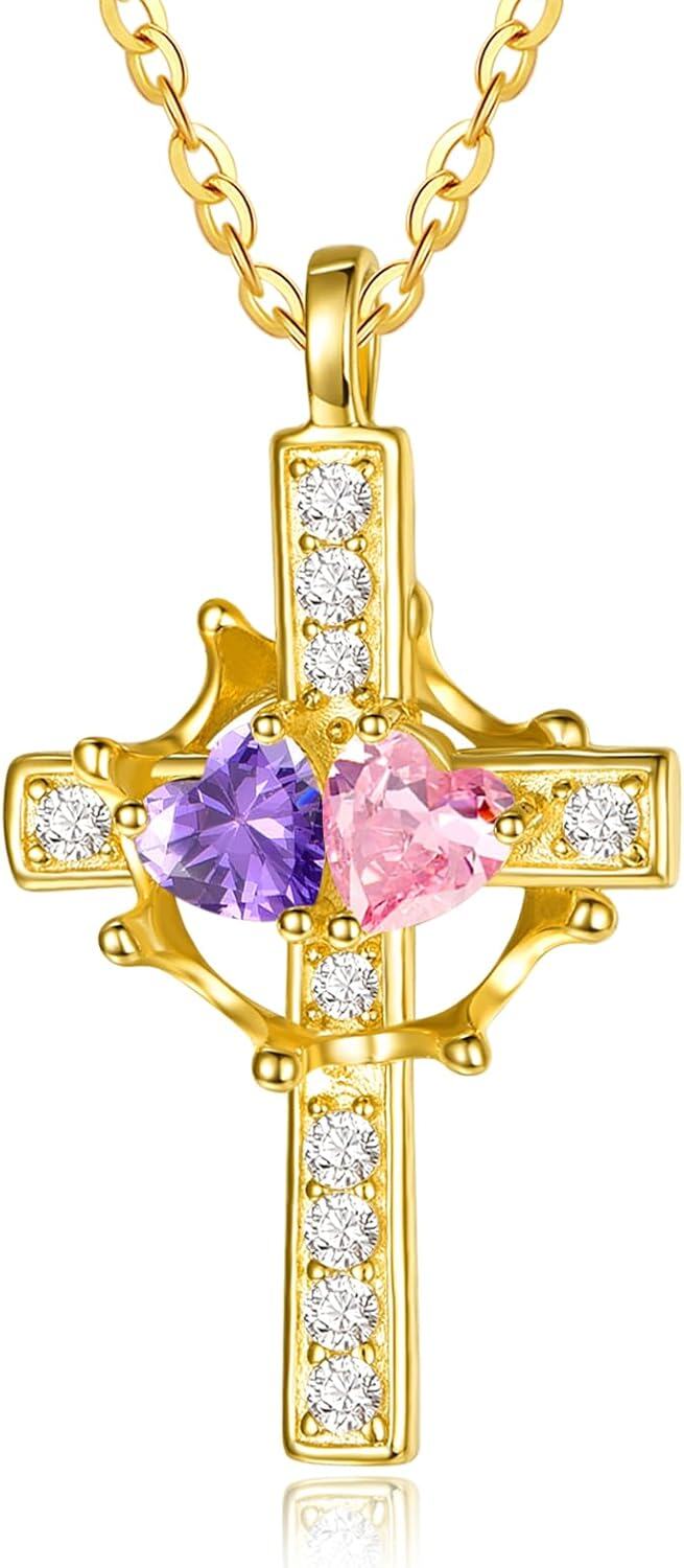 Sterling Silver Birthstones Gold Cross Necklace for Women -02-10-Feb-Oct-02-10-Feb-Oct