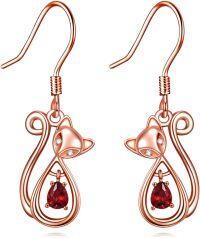 wholesale Rose Gold Plated Red Crystal Cat Shape Drop Earrings with Filigree Design - 925 Sterling Silver s for Women-Rose Cat