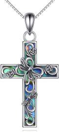 wholesale 925 Sterling Silver Floral Cross Pendant Necklace with Abalone Shell Inlay Christian  for Women Girls-0-0