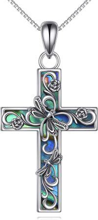 wholesale 925 Sterling Silver Floral Cross Pendant Necklace with Abalone Shell Inlay Christian  for Women Girls-Abalone Dragonfly