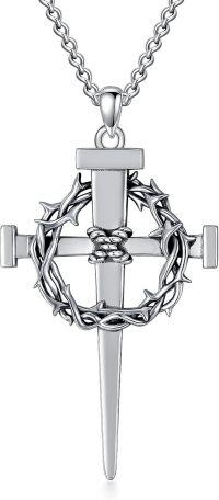 wholesale 925 Sterling Silver Crown of Thorns Sword Pendant Necklace for Men Christian Jewelry-A01-Silver