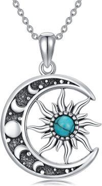 wholesale 925 Sterling Silver Turquoise Lapis Lazuli Onyx Sun Moon Pendant Necklace for Women-Turquoise01