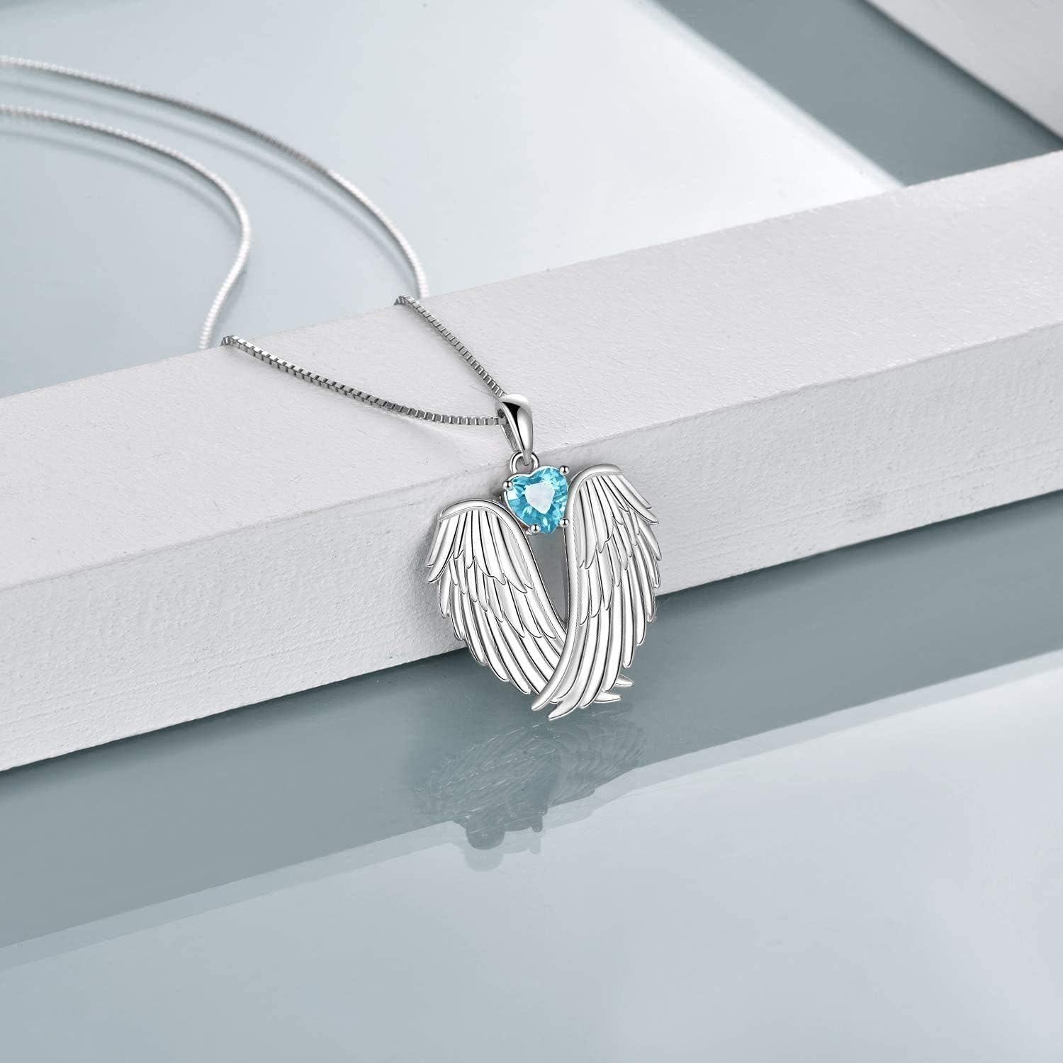 Sterling Silver Birthstone Angel Wings Pendant Necklace-March-Blue