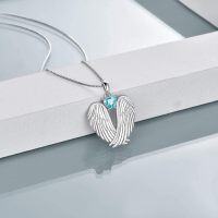 wholesale Sterling Silver Birthstone Angel Wings Pendant Necklace-March-Blue