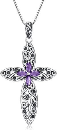wholesale Sterling Silver 12 Birthstone Faith Cross Pendant Necklace for Women-Amethyst
