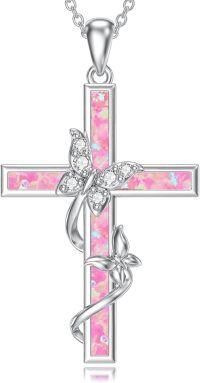 wholesale Sterling Silver Blue White Purple Pink Opal Butterfly Pendant Necklace for Women-Created Pink Opal