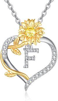 wholesale Gold Plated Sterling Silver Sunflower Letter Heart Pendant Necklace for Women-Letter F