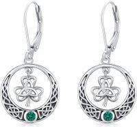 wholesale 925 Sterling Silver Celtic Knot Green Crystal Drop Earrings Irish Luck Jewelry-C-Celtic Shamrock&Moon