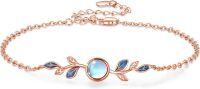 wholesale Rose Gold 925 Sterling Silver Blue Moonstone Leaf Charm Bracelet for Women's Gifts-C-Rose Gold