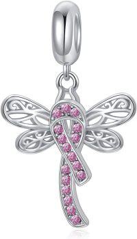 wholesale Sterling Silver & Pink Austrian Crystals Dragonfly Pink Ribbon Charm for Pandora Bracelets 15.1x16.8mm-Charm-Dragonrfly