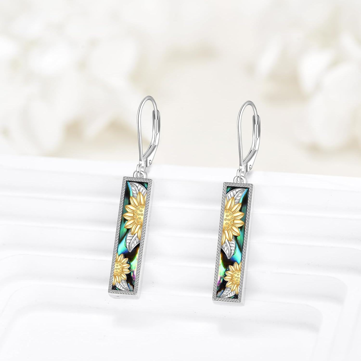 925 Sterling Silver Sunflower & Abalone Shell Leverback Earrings - Mustard Seed Inspired Design-0-3