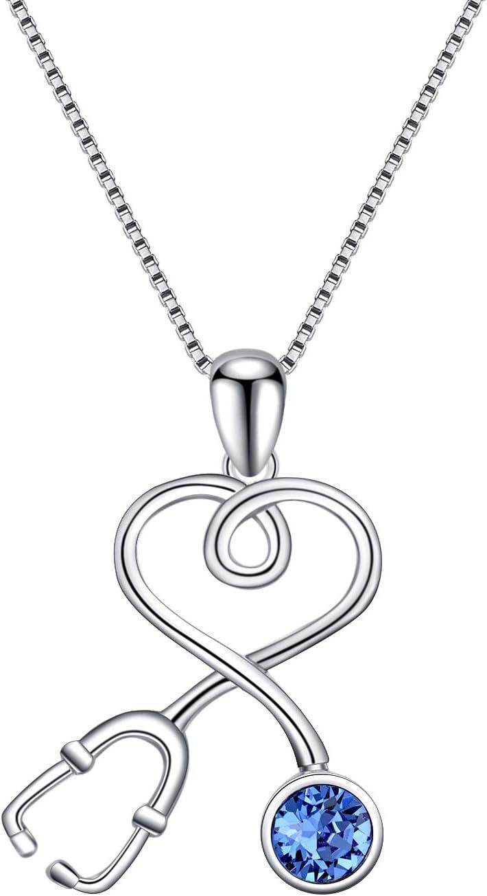 Sterling Silver Stethoscope Necklace w 12 Austria Birthstone Crystals Med Grad Gift-925 Silver - Sapphire Blue