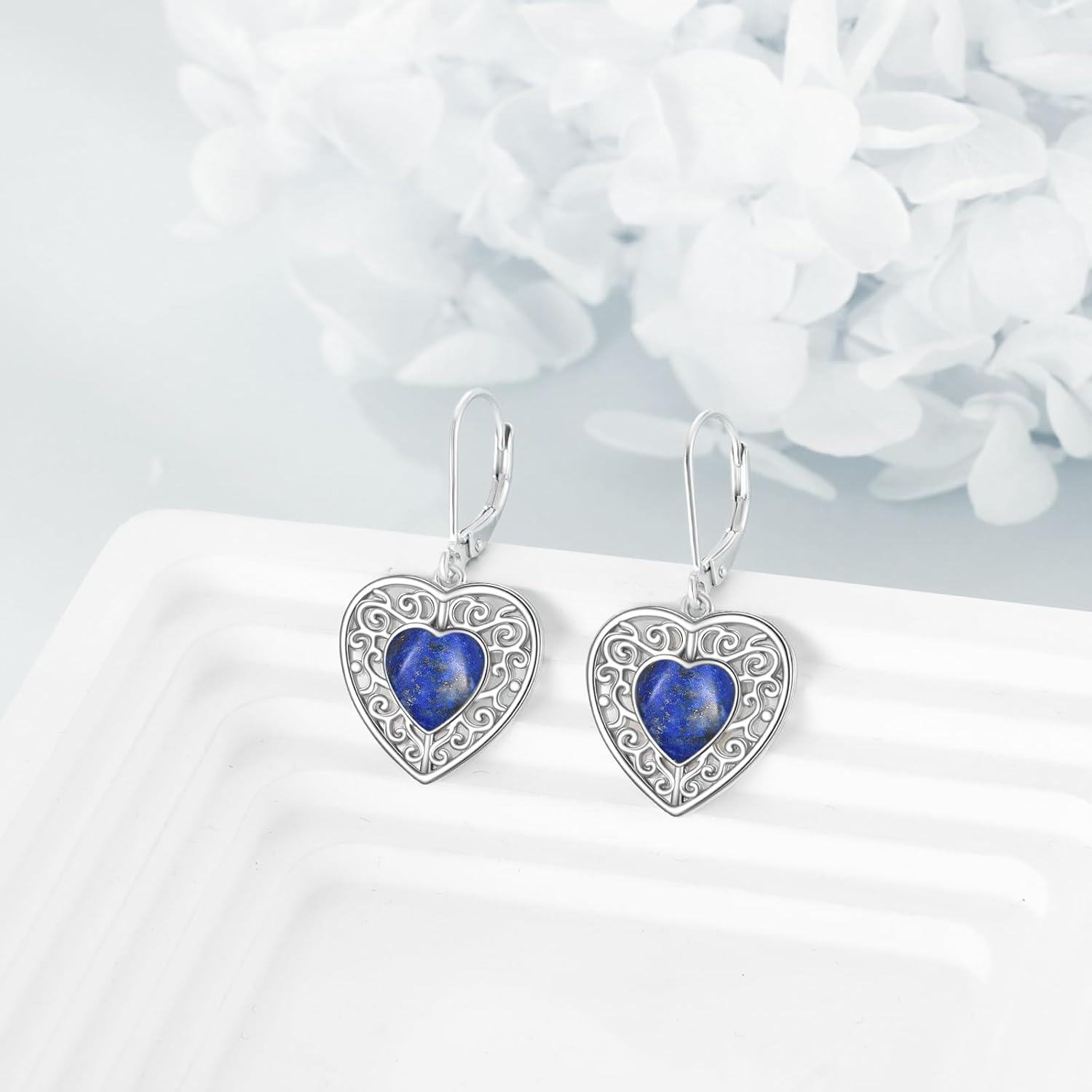 Sterling Silver Onyx Peridot Pink Moss Agate Turquoise Lapis Lazuli Heart Earrings-0-2