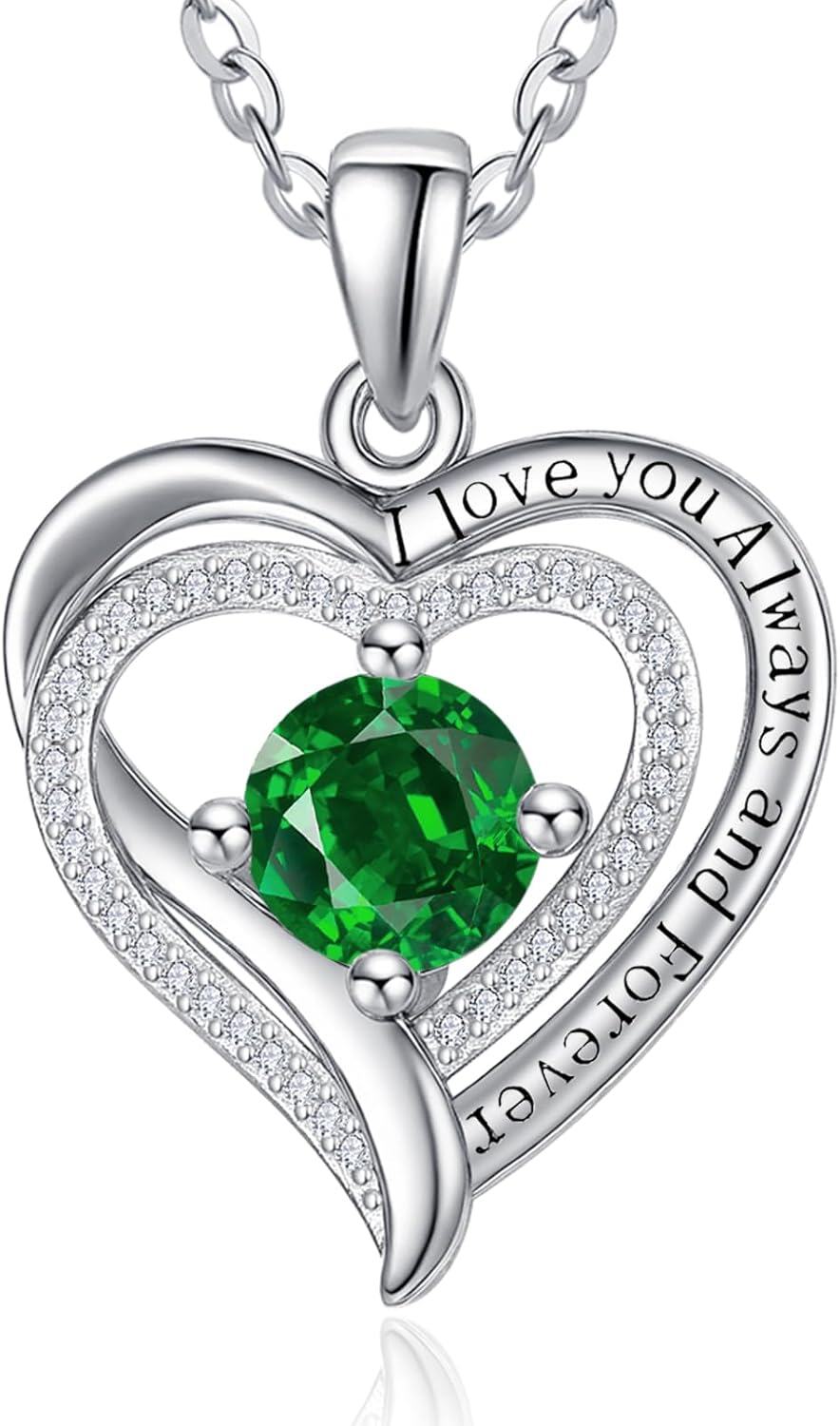 Sterling Silver White Gold Heart Pendant Necklace w Birthstone for Women-05-May