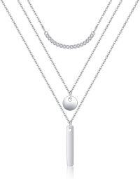 wholesale 925 Sterling Silver Layered Bar & Disc Charm Necklace with CZ Accents-Bar