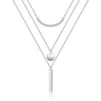 wholesale 925 Sterling Silver Layered Bar & Disc Charm Necklace with CZ Accents-Bar