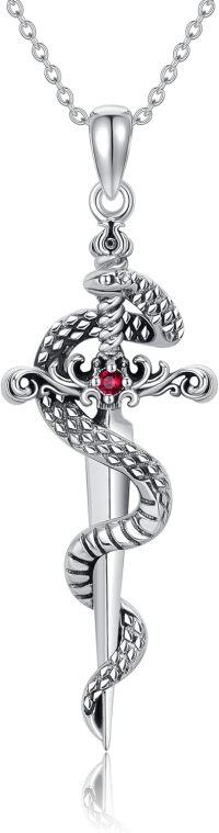 wholesale 925 Sterling Silver Red Ruby Snake Charm Pendant Necklace - Gifts for Her-Sword Snake