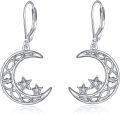 wholesale 925 Sterling Silver Crescent Moon & Stars Leverback Drop Earrings with Heart Design and CZ Stones-0-0