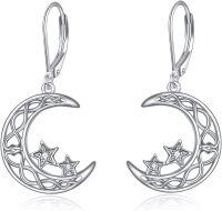 wholesale 925 Sterling Silver Crescent Moon & Stars Leverback Drop Earrings with Heart Design and CZ Stones-H-Celtic Moon Star Earrings