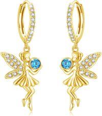 wholesale 925 Sterling Silver Blue Crystal Fairy Angel Dangle Drop Earrings for Women-Gold
