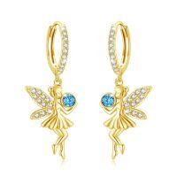 wholesale 925 Sterling Silver Fairy Earrings With Blue Gem And Crystal Wings-Gold
