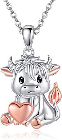 wholesale 925 Sterling Silver Highland Cow Heart Pendant Necklace for Women Girls  43cm Chain Length-Highland