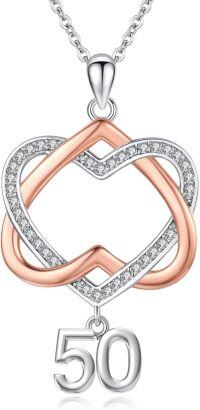 wholesale 925 Sterling Silver Double Heart with Number 50 Charm Pendant Necklace s for Women and Girls-50th