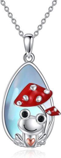 wholesale 925 Sterling Silver Blue Opal Red Enamel Toad and Mushrooms Pendant Necklace for Women Girls-Moonstone