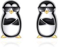 wholesale 925 Sterling Silver Animal Stud Earrings - Cool Penguin Design with Sunglasses and Gold Accents-Penguin
