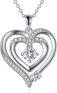 wholesale White Gold Plated 925 Sterling Silver Double Heart Moissanite Cubic Zirconia Mother Daughter Pendant Necklace 24 Chain-Silver-Mother 1 Child