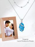 wholesale 925 Sterling Silver & Natural Turquoise Layered Necklace for Women - 16+14 Bead Chain, December Birthstone Gift-0-2