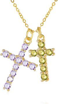 wholesale 14K Gold Sterling Silver Birthstone Double Cross Necklace for Women-06-08-Jun-Aug