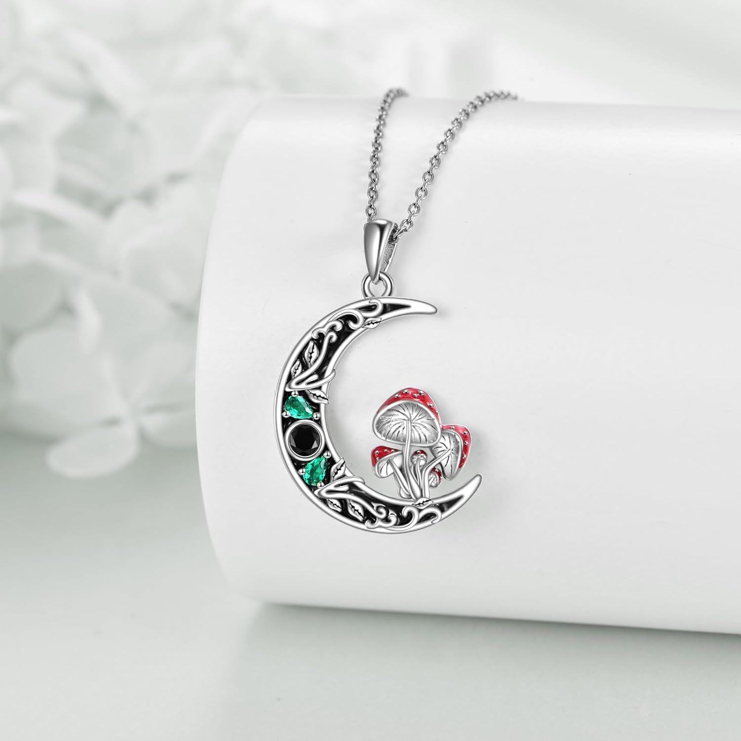 wholesale 925 Sterling Silver Red & Green Crystal Spider Mushroom Crescent Moon Pendant Necklace-0-3