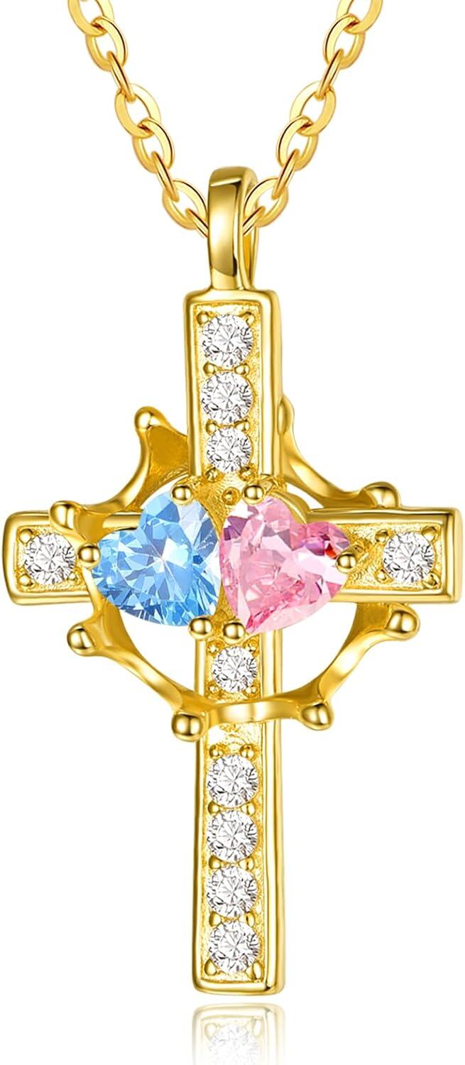 Sterling Silver Birthstones Gold Cross Necklace for Women -03-10-Mar-Oct-03-10-Mar-Oct