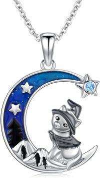 wholesale 925 Sterling Silver Crescent Moon with Witch Cat and Stars Necklace Gothic Jewelry-Black Cat