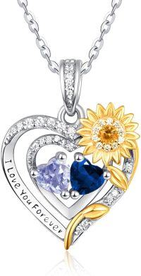 wholesale Sterling Silver 2 Birthstones Sunflower Heart Necklace for Women-06-09-Jun-Sept