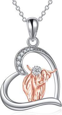 wholesale 925 Sterling Silver Highland Cow Heart Pendant Necklace s for Women-Silver-Highland Cows Jewelry