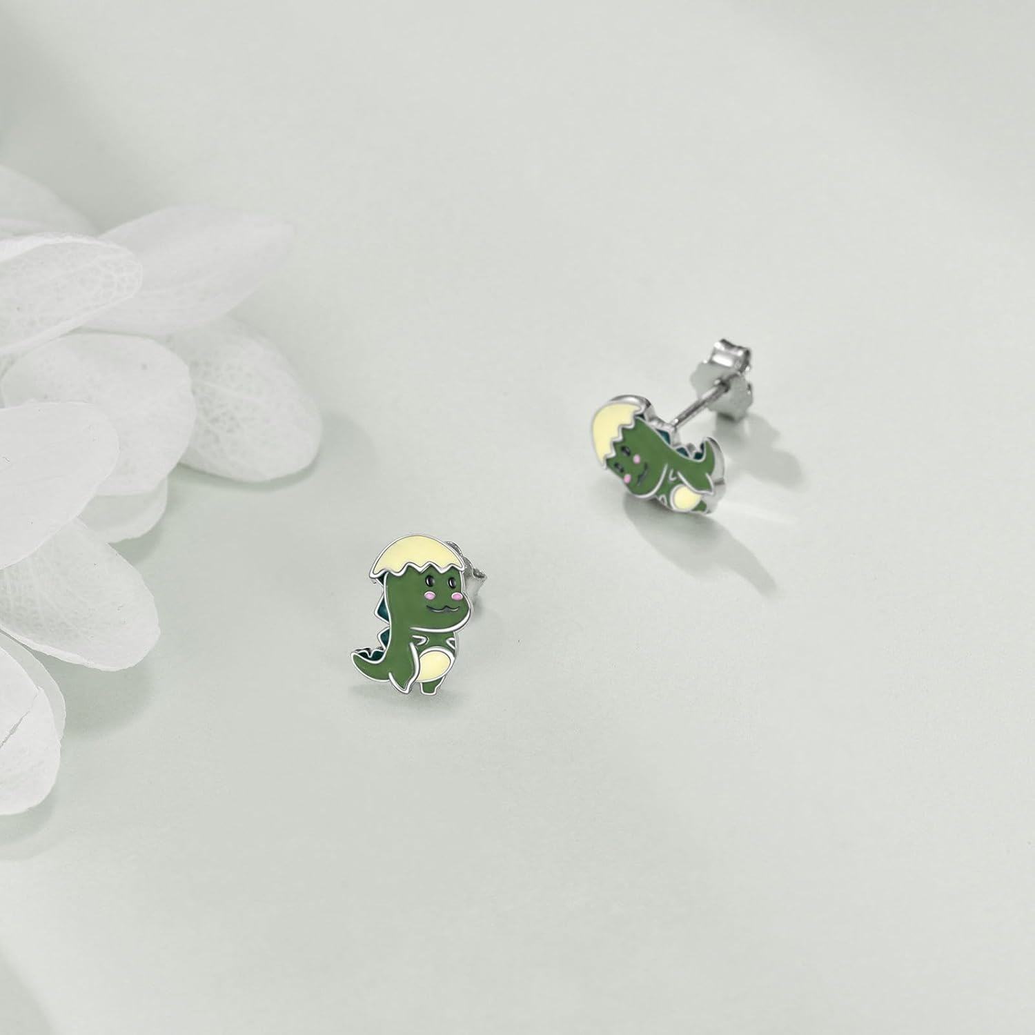 925 Sterling Silver Green Dinosaur Stud Earrings-0-1