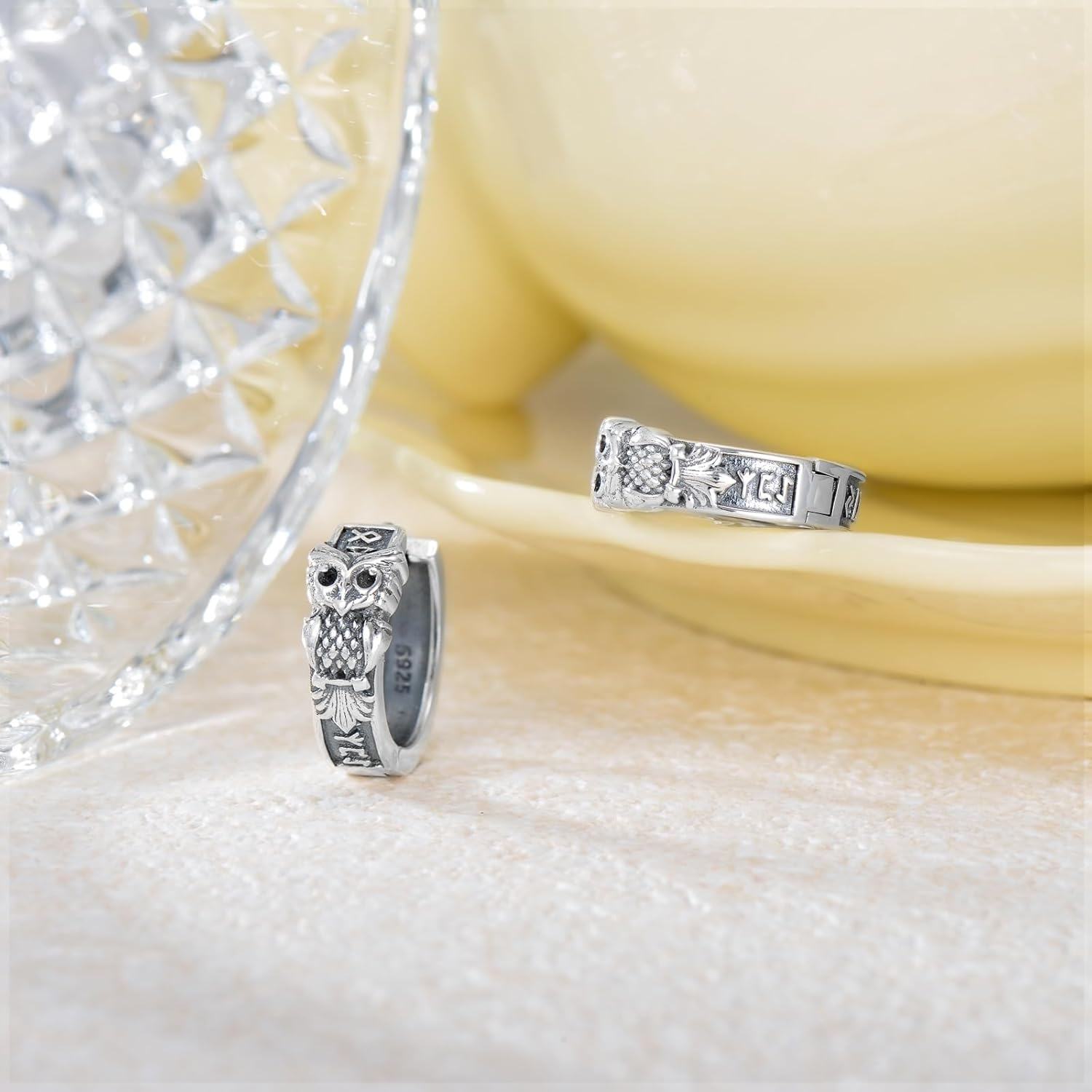 wholesale 925 Sterling Silver Owl Hoop Earrings with Norse Symbol and Evil Eye Protection-0-2