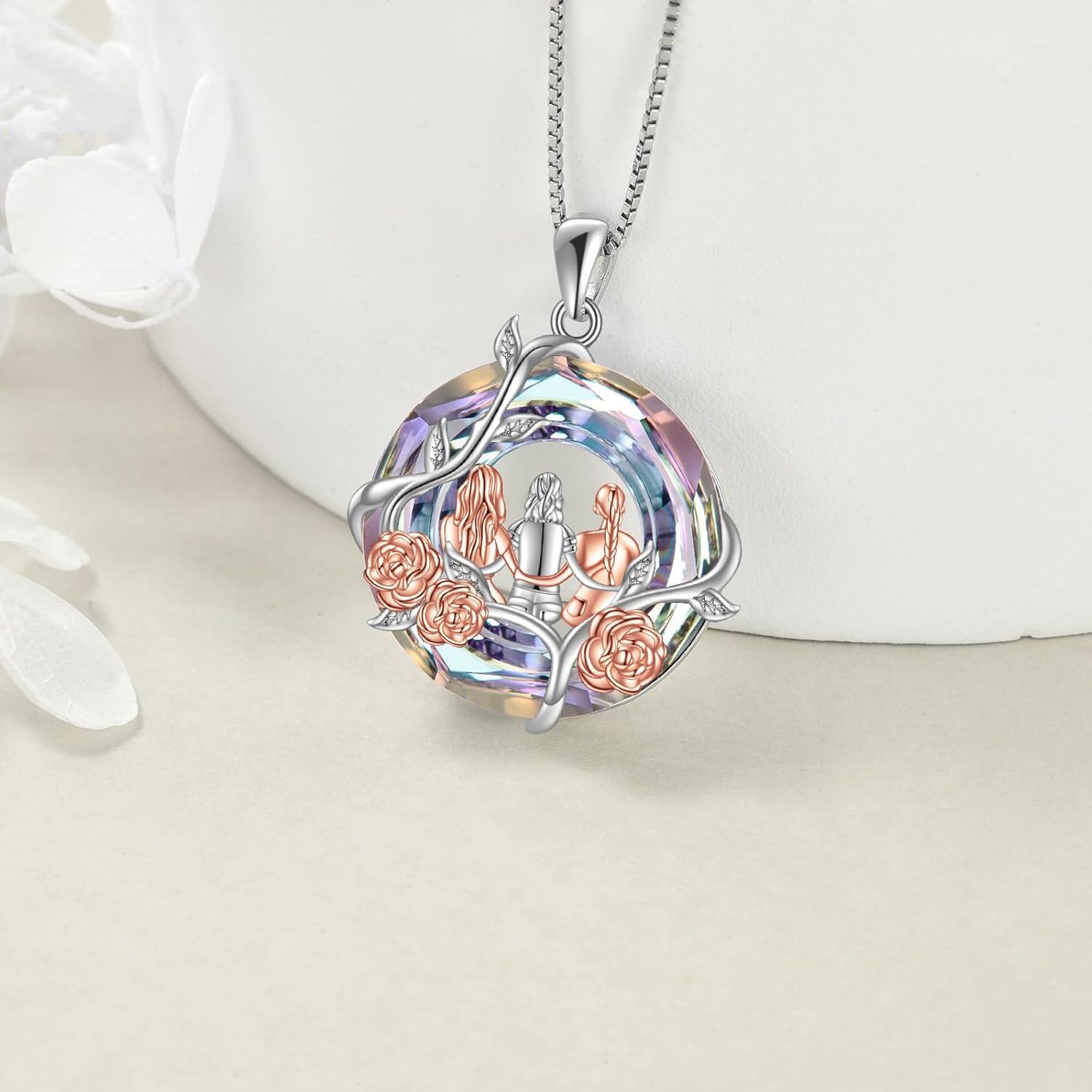 925 Sterling Silver Rainbow Crystal Rose Flower Sisters Circle Pendant Necklace-0-3