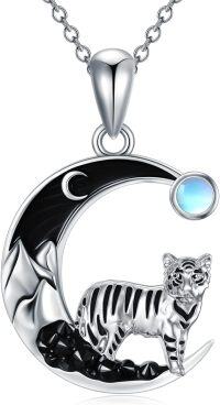 wholesale 925 Sterling Silver Crescent Moon Tiger Necklace with Black Crystal and Blue Stone Pendant-Tiger