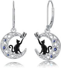 wholesale Sterling Silver Moonstone Cat Fox Panda Dangle Earrings Celtic Crescent Animal Jewelry Gift-Black Cat