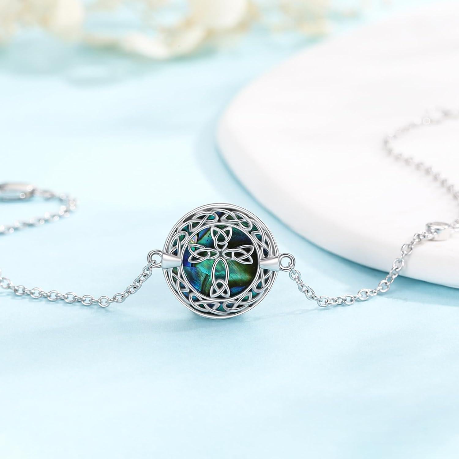 wholesale 925 Sterling Silver Abalone Shell Celtic Knot Adjustable Protection Bracelet for Women-0-1