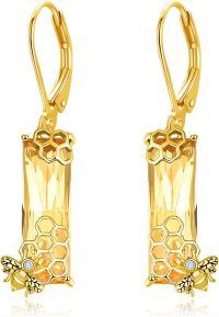 wholesale Gold 925 Sterling Silver Honeycomb and Bee Design Crystal Dangle Drop Earrings for Women Gift-bee earrings-01