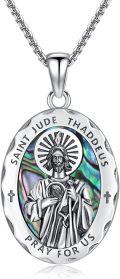 wholesale 925 Sterling Silver Oval St Jude Thaddeus Pray for Us Medal Pendant Necklace w/ Abalone Shell Stone-0-0