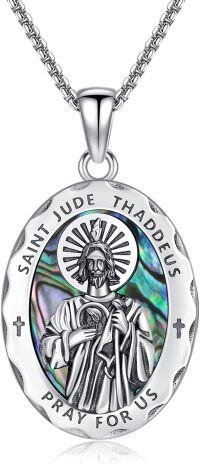 wholesale 925 Sterling Silver Oval St Jude Thaddeus Pray for Us Medal Pendant Necklace w/ Abalone Shell Stone-Saint Jude